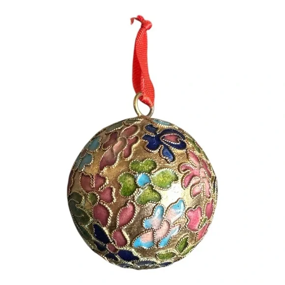 Cloisonné Vintage Christmas Ornament Floral Ball Bauble Gold Pink Green Blue - Picture 3 of 7
